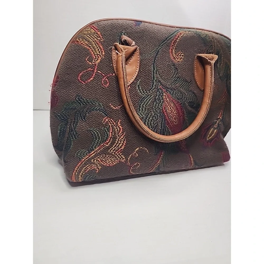 Heckathorn‎ Tapestry Purse Floral Paisley Boho Red Green Earthy Leather Handles